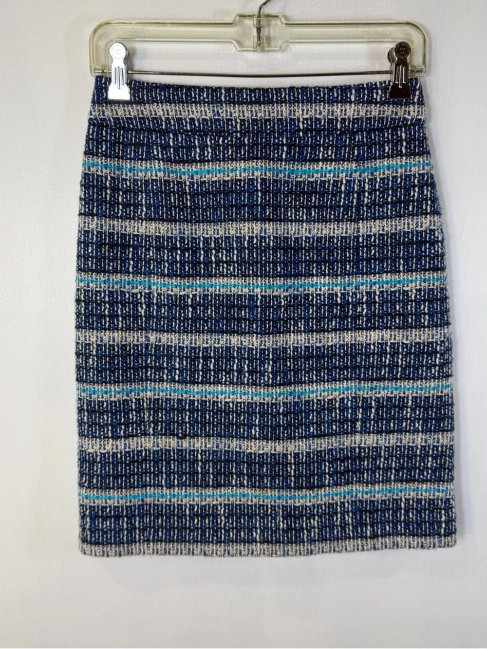 Tory Burch Navy and Cream Striped Knit Lined Pencil Skirt with Teal Accents Sz 0